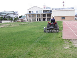 写真：市内小学校　校庭芝生手入れ